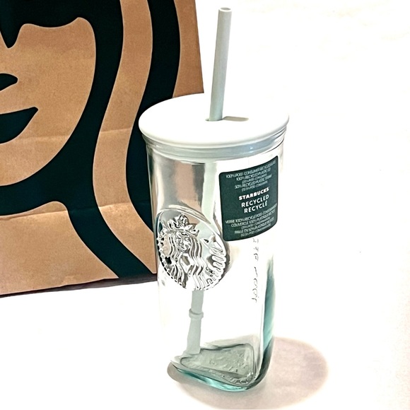 Starbucks Recycled Triangle Glass Cold Cup Tumbler with Straw Green 16oz - Picture 3 of 15